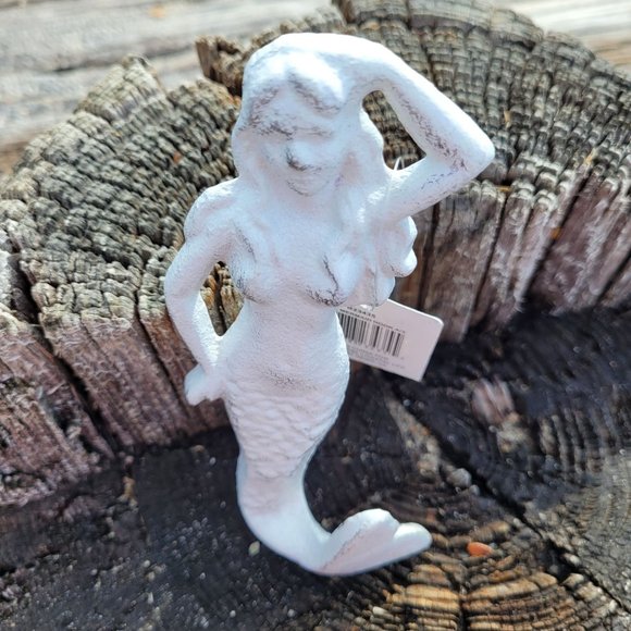 Distressed White Mermaid Hook Cast Iron Coastal Decor - Picture 4 of 13